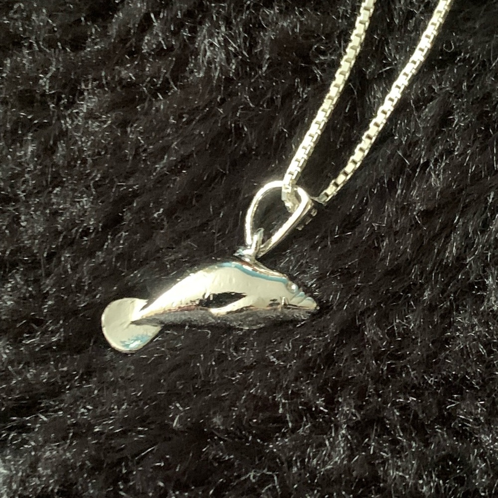 Sterling Silver 925 stamp  Dolphin Pendant with 16” fine Box Chain